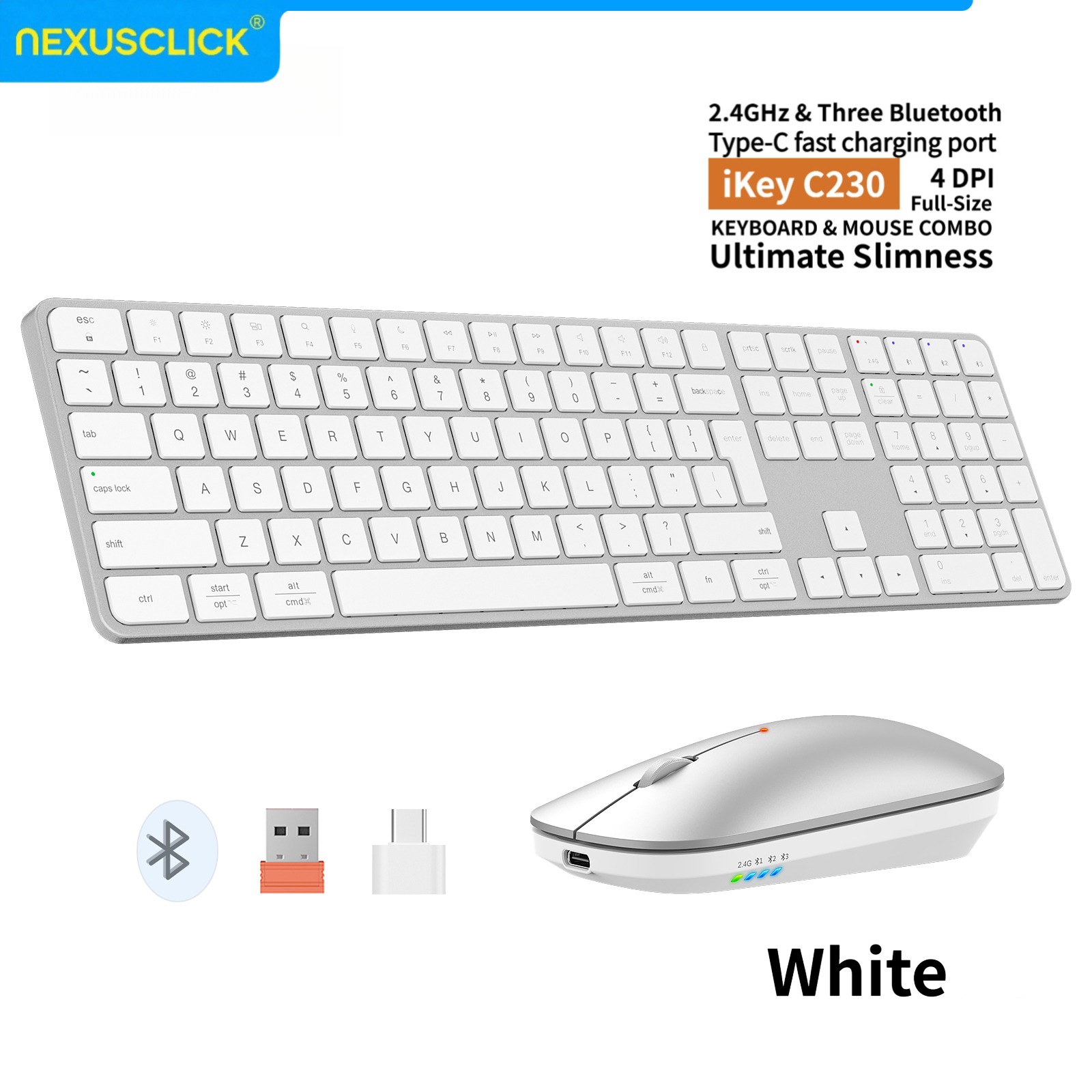 Gaming Keyboard And Mouse Combo - NexusClick 充電式ワイヤレスキーボード・マウスコンボ、4チャンネル2.4G BT接続、スリムで静かなキー、Macオフィス向け調整可能なDPI