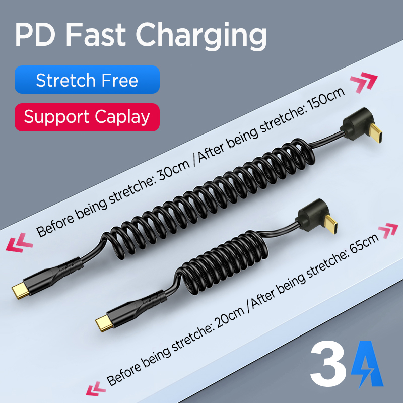 Coiled Usb Cable - 車用90度コイル状USB Cケーブル、格納式直角タイプC急速充電コード、iPhone 17、Galaxy A17用スプリングデータワイヤー