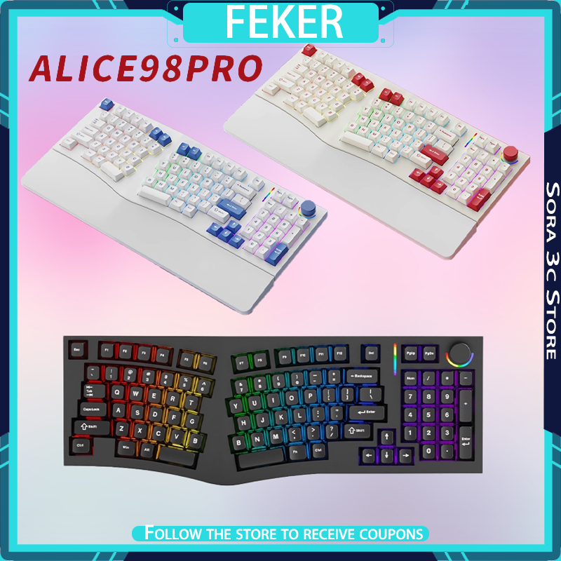 Gaming Keyboard Hot Swappable - FEKER Alice98pro メカニカルキーボード エイリアンエルゴノミクス3 ° 傾斜型ホットスワップ対応RGB、ハンドサポート付きカスタムゲーミングオフィスキーボード